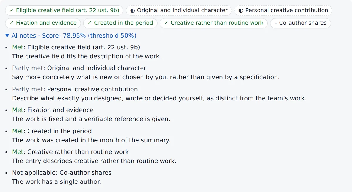 The AI check result: each criterion assessed, with a specific tip
