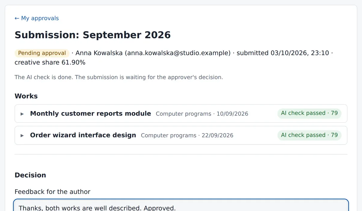 An employee's September submission: two works that passed the AI check, ready for approval