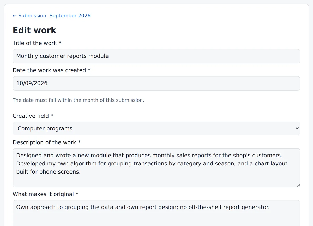 The work form: title, date, creative field, description and originality