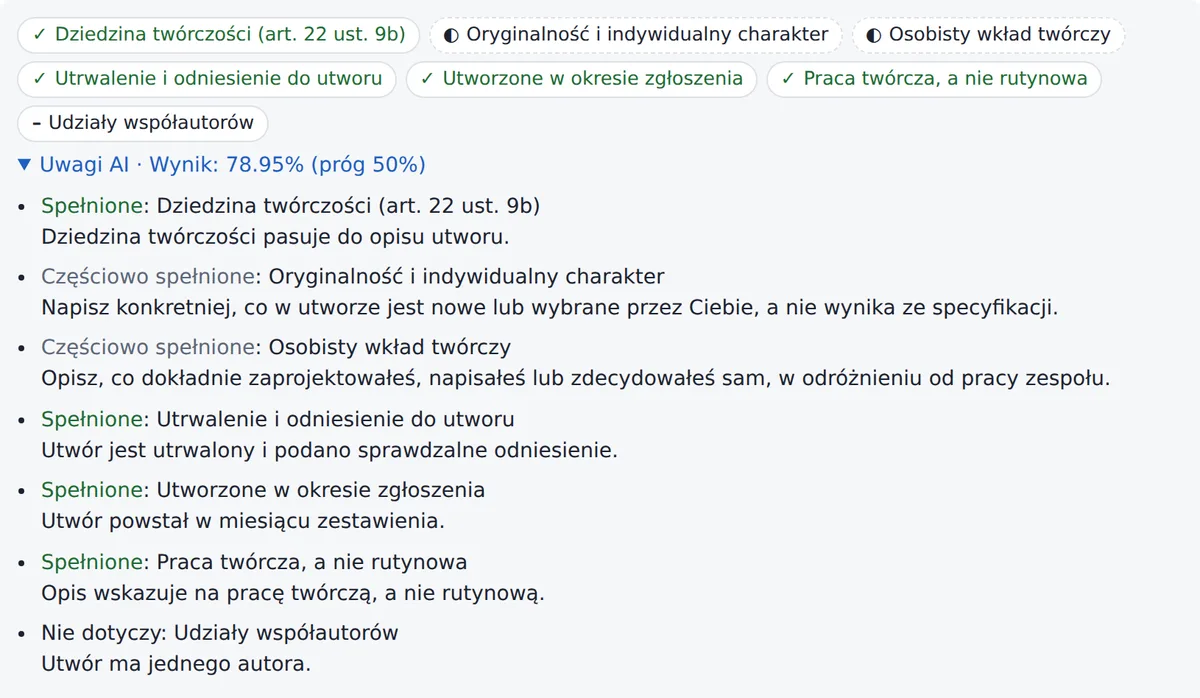 Wynik weryfikacji AI: ocena każdego kryterium z konkretną wskazówką