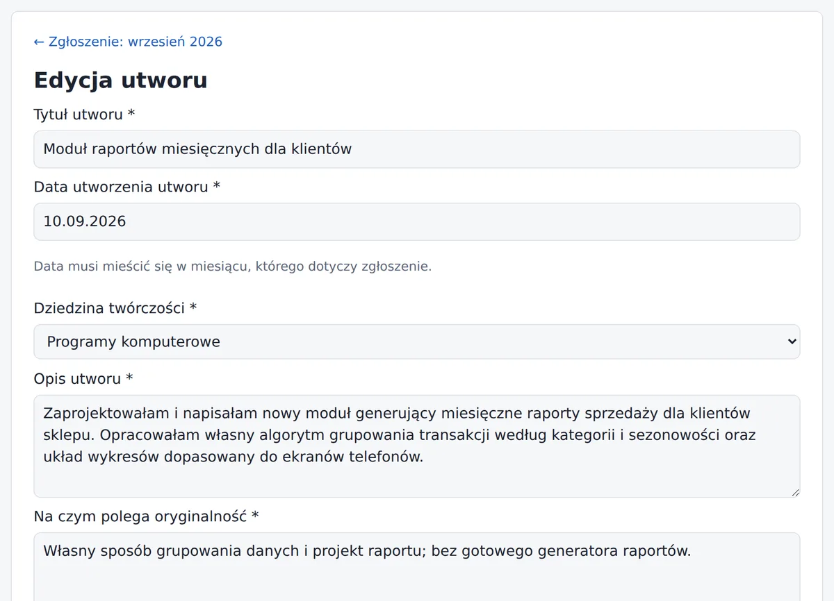 Formularz utworu: tytuł, data, dziedzina twórczości, opis i oryginalność